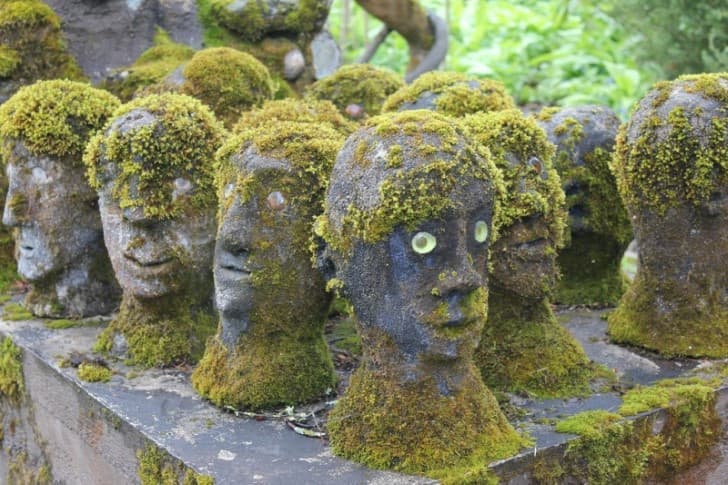 estatuas de cabezas cubiertas de plantas