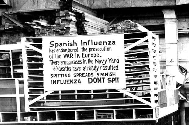 cartel sobre la gripe española y la negacion de la Liga Antimáscara