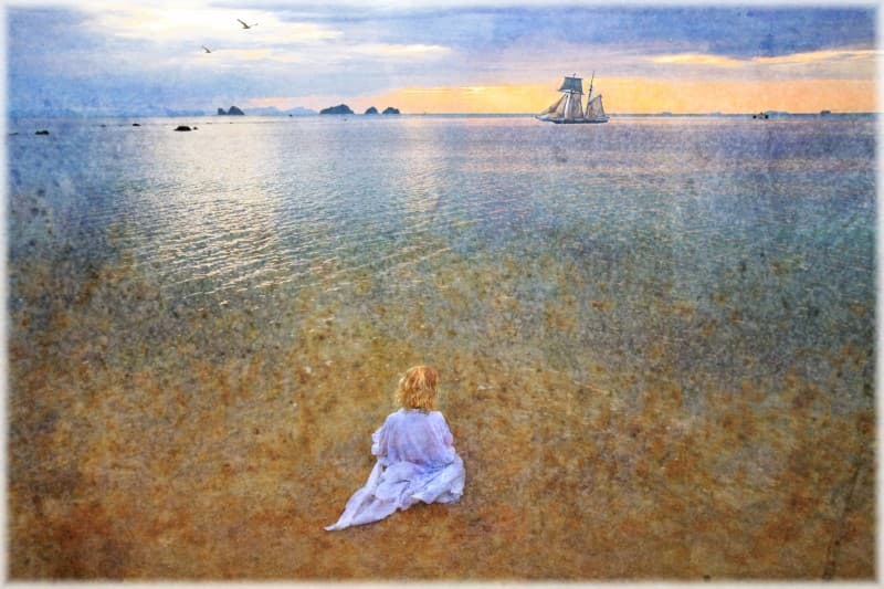 pintura niña solitaria frenter al oceano
